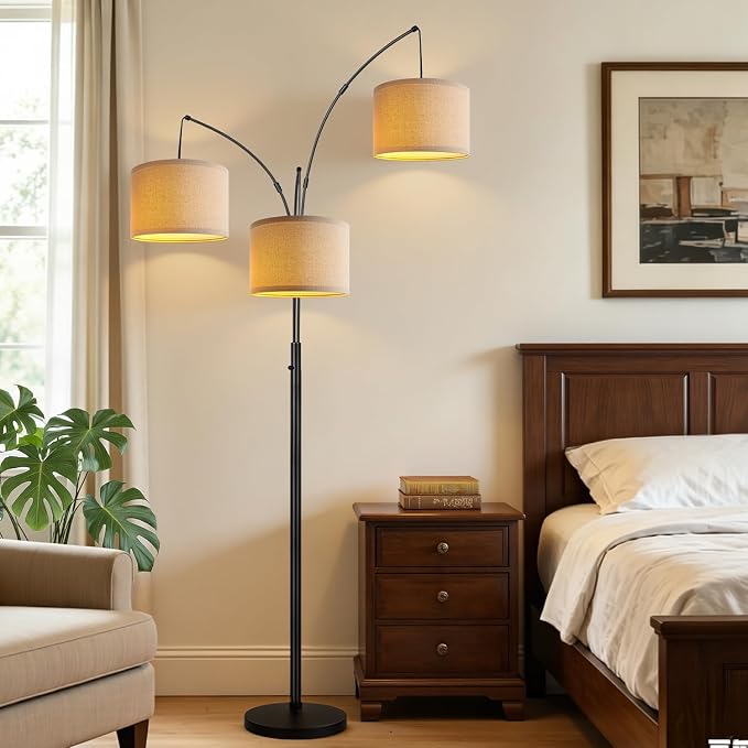 Dimmable 3 Lights Floor Lamp - 3000LM Super Bright Arc Floor Lamps for Living Room, Modern Tall Standing Lamp With Beige Shades, Mid Century Tree Floor Lamp for Bedroom Office, 3 LED Bulbs Included
