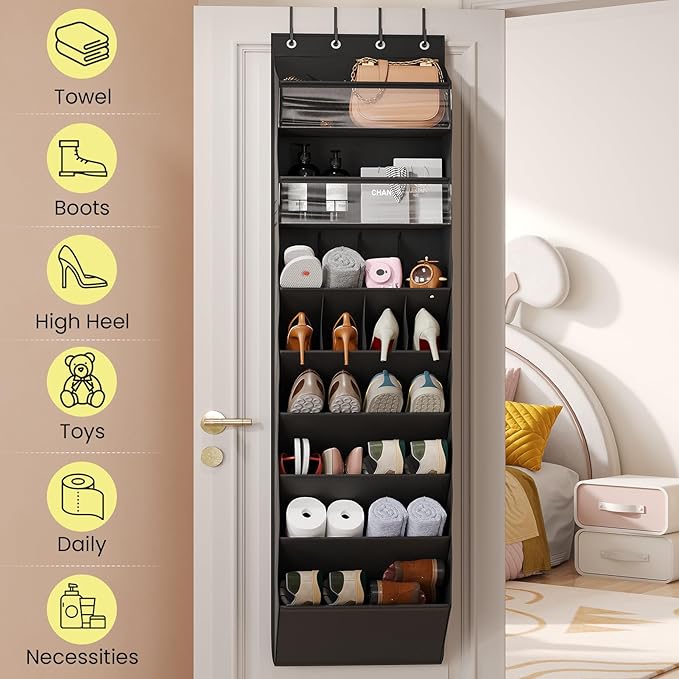 16-20 Pairs Over the Door Shoe Organizer, Clear Pockets Shoe Rack for Closet Door, Hanging Shoe Rack for Boots, Behind the Door Shoe Holder Fit All the Family's Sneakers, Boots, Heels, Black
