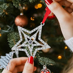 Set of 3 Christmas Hanging Ornaments - Silver Snowflake Star Pawprint Christmas Tree Decor for Xmas Tree Gift Decorative Hanging Ornaments Hanging Pendants (3, Silver Star)