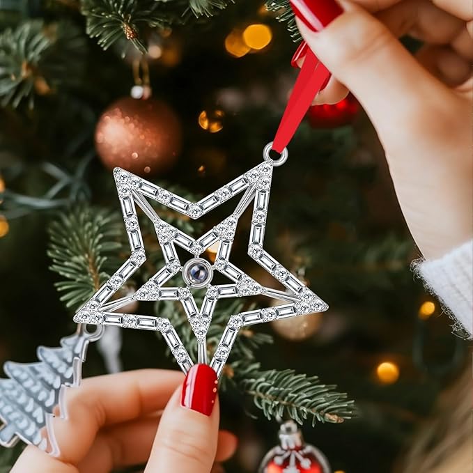 Set of 3 Christmas Hanging Ornaments - Silver Snowflake Star Pawprint Christmas Tree Decor for Xmas Tree Gift Decorative Hanging Ornaments Hanging Pendants (3, Silver Star)