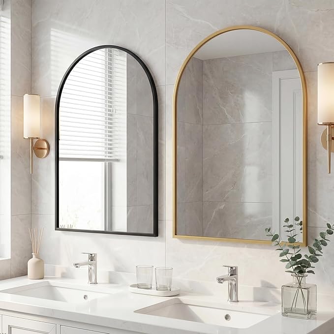 DUMOS Gold Metal Arch Vanity Rounded Rectangle Bathroom Mirrors for Over Sink Wall, 27x38 Inch Large Matte Mirror, Modern Decorative for Restroom, Farmhouse
