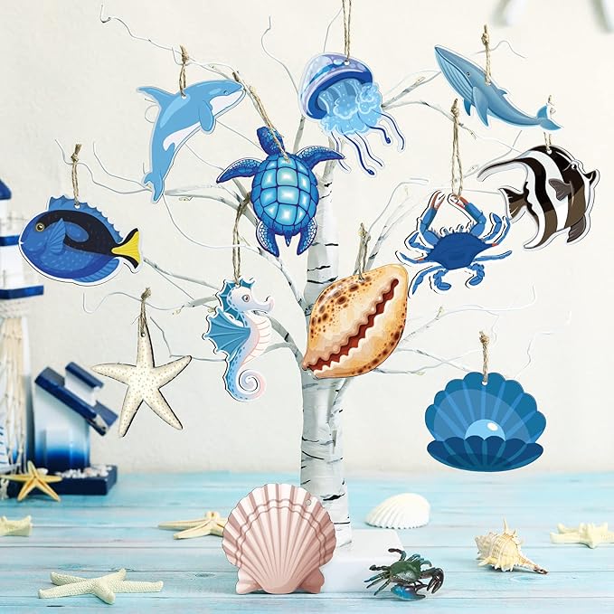 24 Pcs Summer Ornaments for Tree Wooden Ocean Beach Tree Decorations Coastal Nautical Wood Hanging Cutouts Beach Sea Animals Decorations with Rope for Summer Holiday Party Supplies