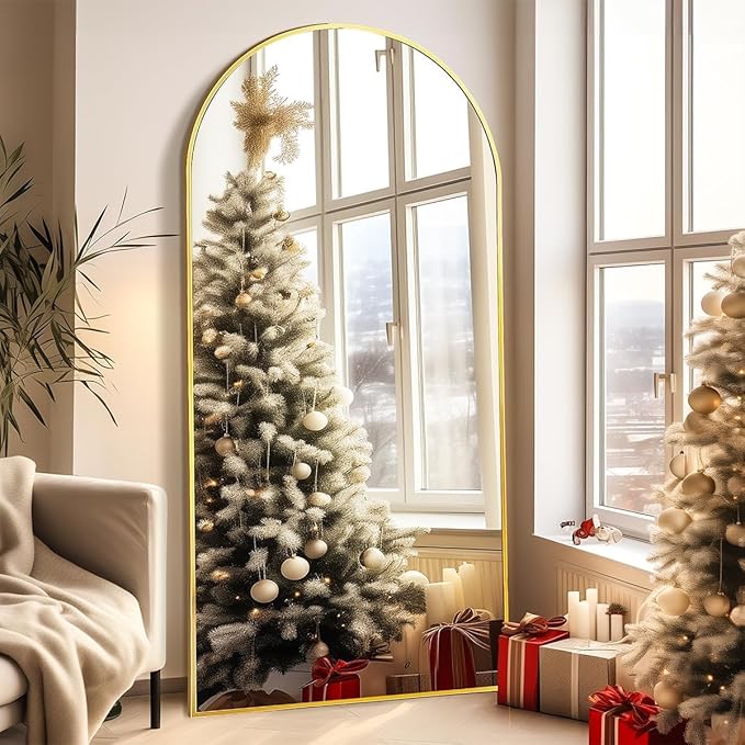 Prywot Arched Floor Mirror, 76 "x 34" Full Length Mirror Wall Mirrors Hanging or Leaning Arched-Top Full Body Mirrors with Stand for Bedroom, Dressing Room, Gold