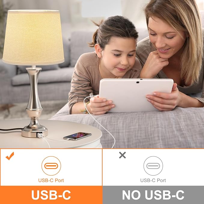 Seealle Upgraded Touch Lamps for Night Stands Set of 2 - Bedside Lamps with USB C+A, 3 Way Dimmable for Bedroom Living Room End Tables Office (Weaving White&Silver)