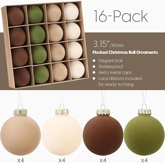 Sea Team 16-Pack Flocked Velvet Christmas Tree Ball Ornaments Set, Decorative Hanging Baubles, Shatterproof Plastic Decorations for Xmas Tree, Wreath, Garland, 80mm/3.15 Inches, Prairie Fall