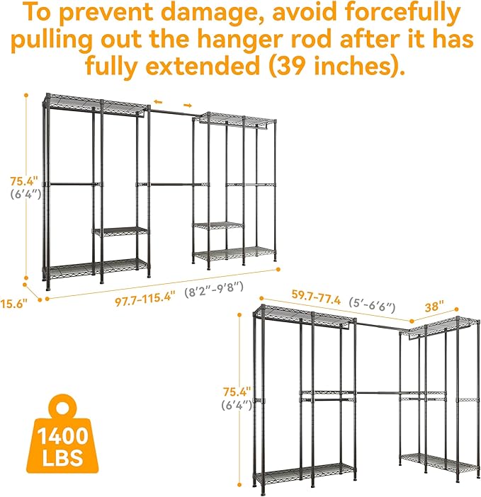 H5 Pro Heavy Duty Garment Rack, Freestanding Clothes Rack, Wardrobe Closet for Hanging Clothes, Portable Closet Organizer with Expandable Hanger Rods, (97.7-115.4")L x 15.7"W x 75.4"H, Black