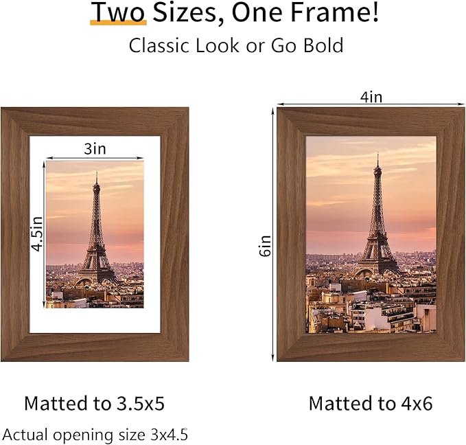 4x6 Picture Frame 3 Pack - Brown Poster Frame Display Pictures 3.5x5 with Mat or 4 x 6 Without Mat for Wall Hanging Horizontal and Vertical