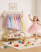 Clothes Rack - Sturdy Metal Kids Clothing Rack with Bottom Storage Shelf & Adjustable Feet, Dress Up Storage for Toddler's Bedrooms, Nurseries, Playrooms, 31" x 12.5" x 47.8", Gold