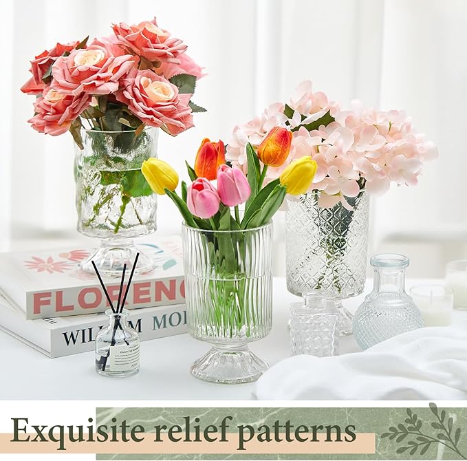 6 Pcs (H:7" W:4") Embossed Flower Vase Pedestal Glass Vase Big Base Thickened Crystal Vintage Vases for Valentines Day Wedding Home Decor Table Centerpiece House Warming Gifts(Clear)