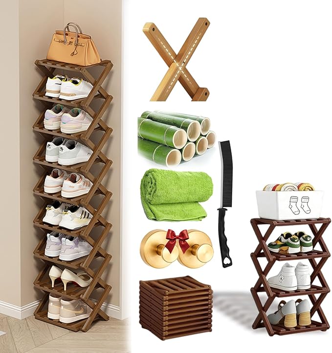 Foldable Shoe Rack, 2-9 Tier No-Tool Assembly Bamboo Organizer with Anti-Wobble X-Design for Small Spaces, Sturdy Vertical Storage Shelf for Entryway, Closet, Apartment & Dorm (Brown,4 Layers)