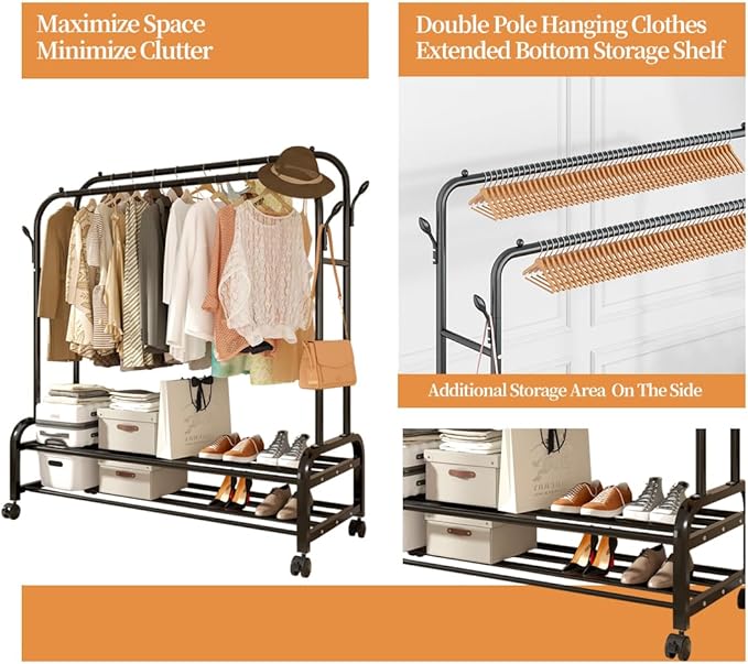 ANTIWAR Clothes Rack for Hanging Clothes, 100% Stainless Steel Clothes Garment, Portable Sturdy Clothes Rack, Extendable Rolling Garment Rack with Wheels, Freestanding Laundry Room