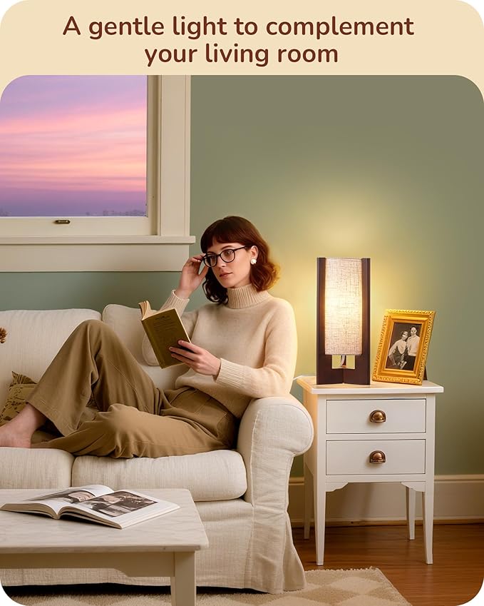 EDISHINE Wood Table Lamp, 13.5" Small Bedside Lamp, Beige Linen Shade, Rosewood Cylinder Nightstand Lamp for Bedroom Living Room, On-Off Line Switch, E26 Base (Bulb Not Included)