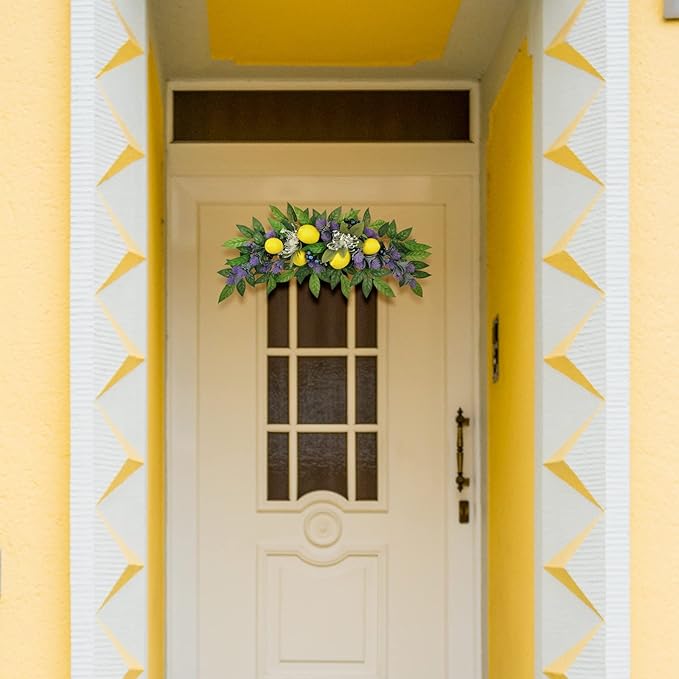 23.6 Inch Artificial Lemon Swag, Decorative Fruit Swag with Lavender, Yellow Lemon & Green Leaves, Spring Summer Floral Swag Door Swag for Front Door Wall Window Wedding Home Decor