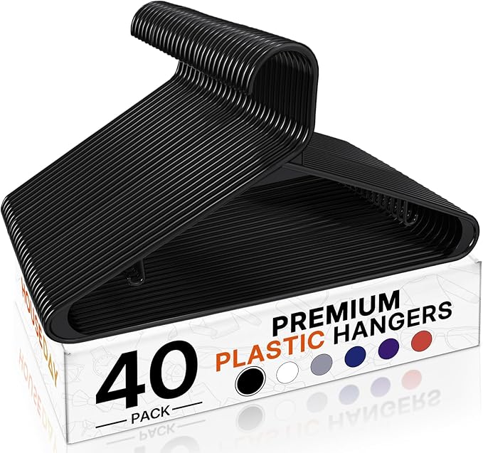 HOUSE DAY Black Plastic Hangers 40 Pack, Plastic Clothes Hangers with Built-in Strap Hooks, Space Saving Slim Hanger for Closet Organizers and Storage, Durable Clothing Hanger for Shirts Blouses Tops