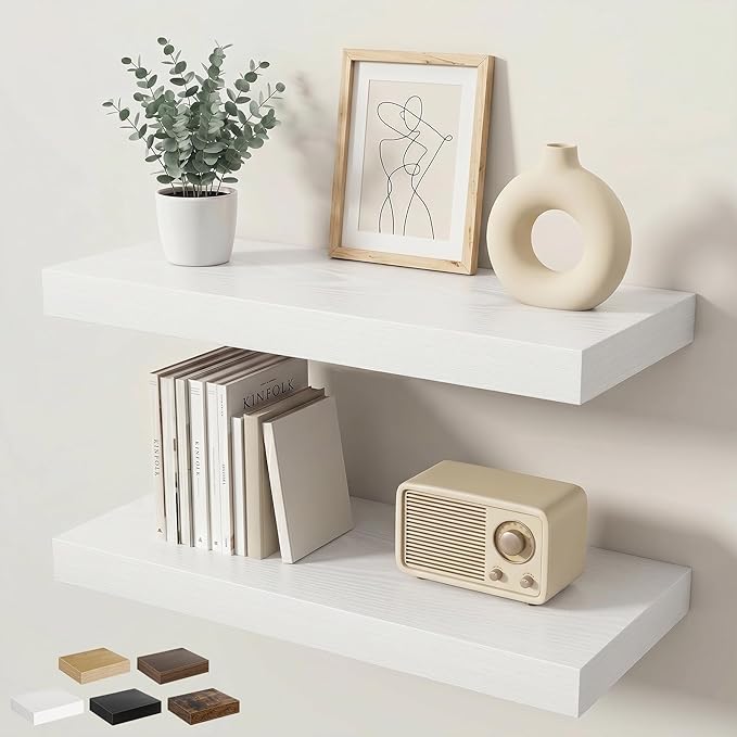 Floating Shelves for Wall 24 in x 9.3 in Deep, Wall Mounted Rustic Wood Shelf with Invisible Brackets for Storage & Display, Living Room Bedroom Bathroom, White, 2 Pack