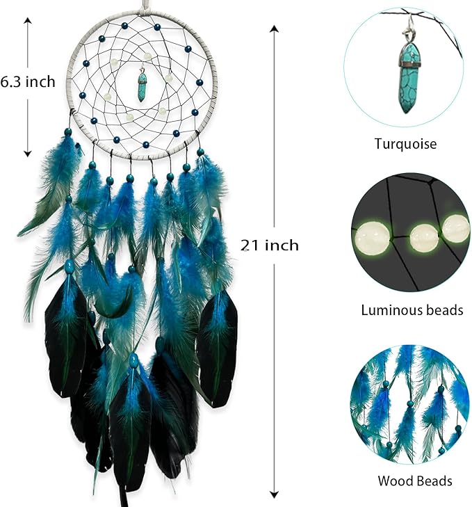 Blue Dream Catchers Glow in The Dark Turquoise Gem Dreamcatcher for Boys Girls Kids Bedroom Handmade Decor Wall Hanging