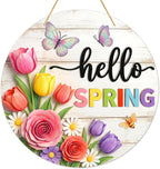 PETCEE Hello Spring Door Sign - 11.5" Welcome Spring Decor Front Door Signs with Floral Print Farmhouse Porch Sign for Home Wall Hanging Wreath Butterfly Bee Easter Indoor Outdoor Decorations