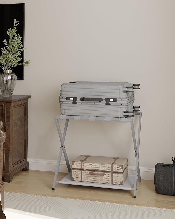 Luggage Rack, Folding Suitcase Stand for Guest, Foldable, Luggage Holders with Shelf, Steel Frame with Nylon Straps for Bedroom, Hotel, Holds up to 154 lb, Grey, 2 Pack LR03999G