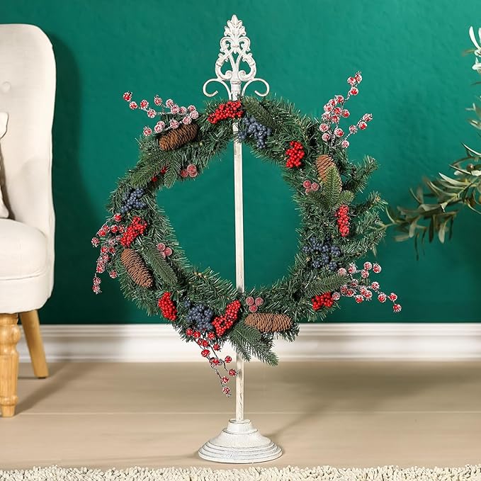 Wreath Stands for Display, Retro White Standing Wreath Holder, Wrought Iron Wreath Hanger Stand, Fleur-De-Lis Tall Floor and Tabletop Christmas Wreath Stands for Porch, New Year Wreath, Party Decor