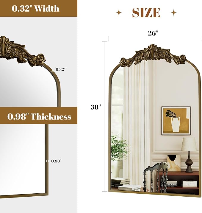 VooBang Vintage Arched Bathroom Mirror, 24x36 Inch Retro Wall Mounted Vanity Mirror with Carved Pattern Top and Metal Frame, Antique Decorative Mirror for Hanging or Leaning