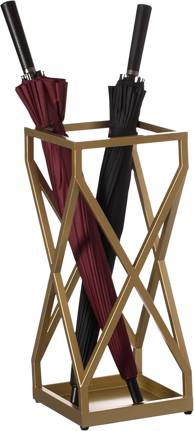 Vintiquewise Decorative Gold Square X Design Umbrella Holder Stand for Indoor and Outdoor