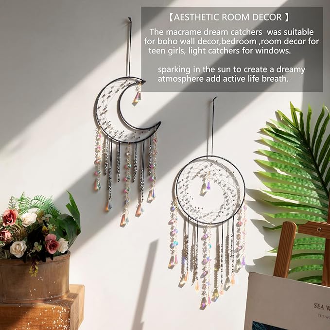 Artilady Dream Catchers with Crystals - Large Grey Boho Moon Dream Catcher Wall Decor House Decorations for Home Girls Kids Baby Bedroom Room Decor Christmas Birthday Teen Girl Boys Gifts