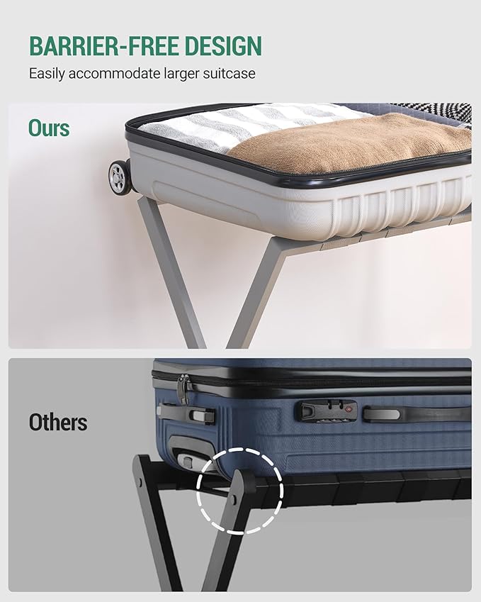 Luggage Rack, Folding Suitcase Stand for Guest, Foldable, Luggage Holders with Shelf, Steel Frame with Nylon Straps for Bedroom, Hotel, Holds up to 154 lb, Grey,1 Pack LR03899G
