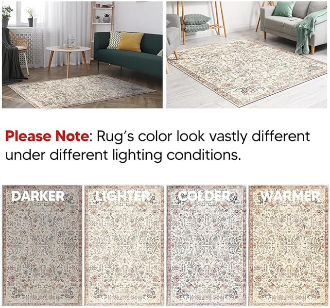 Keen Home Design 5x7 Rug - Machine Washable Area Rug with Non-Slip Backing, Ideal for Living Room, Dining Room, Bedroom - Vintage, Easy Clean, Durable, Low Pile Rug - (5' x 7')