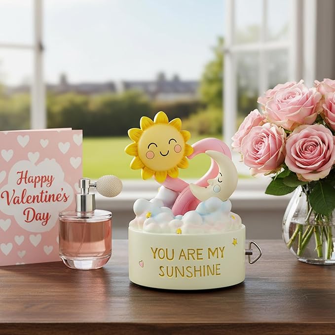 You are My Sunshine Musical Figurine, Wind-Up Music Box, Romantic Love Gift with Smiling Sun & Moon, Hand-Painted Pastel Keepsake for Valentine’s Day, Home Decor for Girlfriend, Wife, Anniversary