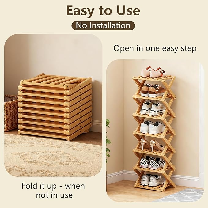 Simcat Bamboo Shoe Rack, Portable Folding Shoe Storage Rack,No Installation Free Standing Shoe Rack for Entryway, Closet, Dorm/Small Spaces (7 Tier)