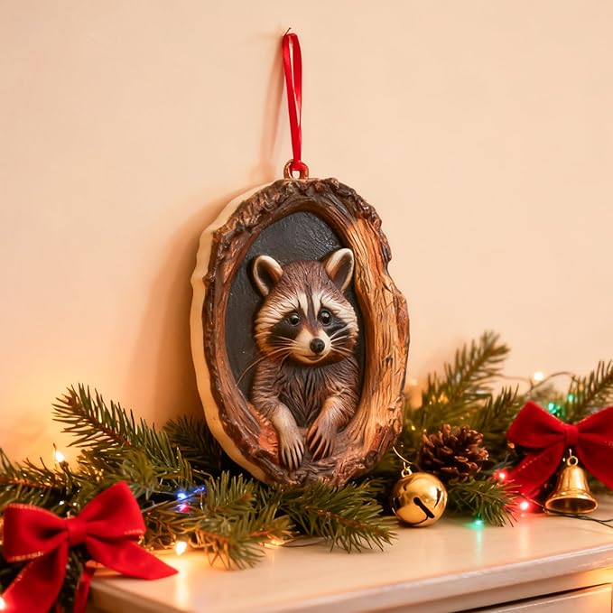 Forest Animal Christmas Ornaments, Funny Forest Animal Ornaments for Christmas Tree,3D Resin Ornaments Hanging for Animal Lover&Easter Basket Stuffers(Raccoon)