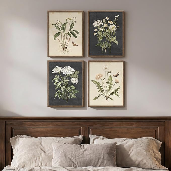 Framed Vintage Botanical Wall Art Bedroom, 4 Piece Rustic Farmhouse Floral Canvas Prints Artwork, Neutral Flower Butterfly Pictures for Modern Farmhouse Living Room Kitchen Bathroom Wall Decor, 11x14