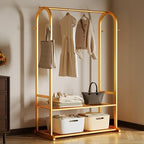 Gold clothing rack with bottom Storage shelves and 6 side hooks,Sturdy metal clothes rack for Hanging Clothes,Modern garment rack Wardrobe Rack for Bedroom or Boutique