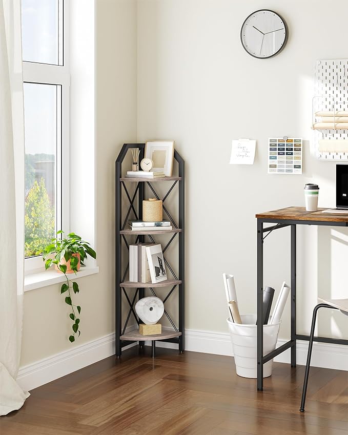 CHOEZON 4-Tier Corner Shelf, Industrial Corner Bookshelf, 47.6" Corner Storage Stand, Plant Stand Display Shelf, Corner Bookcase for Bedroom, Living Room, Home Office, Greige and Black TCJ09BG
