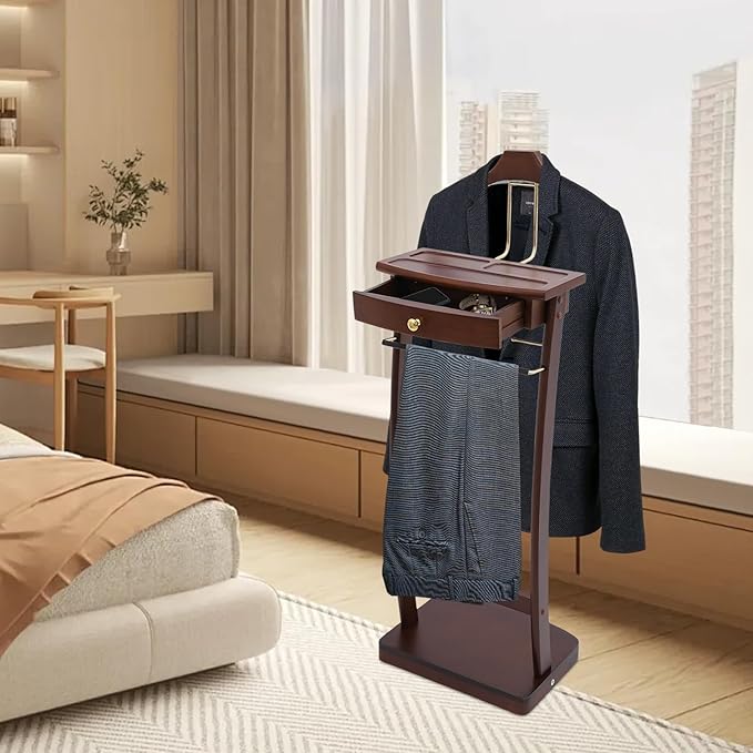 Wooden Suit Valet Stand | Freestanding Clothes Rack with Drawer & Sturdy Base, Ideal for Home Office Hotel