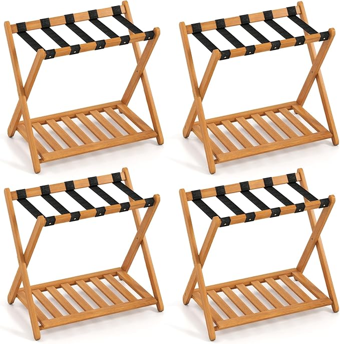 Goplus Luggage Rack for Guest Room Set of 4, Folding Suitcase Stand with Storage Shelf, Acacia Wood Frame & 5 Nylon Straps, Fully Assembled 27" Luggage Stand for Bedroom, Hotel, Holds up to 200 LBS