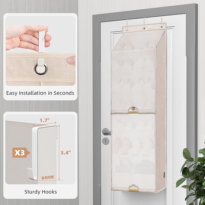 STORAGE MANIAC Over the Door Shoe Organizer with Curtain Dustproof Heavy-Duty Large Deep Pocket Hanging Shoe Organizer for Closet Dorm & Narrow Door Storage Shoe Holder Shoe Rack, 7-Shelf Beige 1 Pack