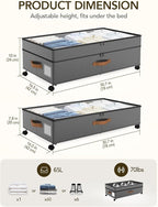 Under Bed Storage with Wheels, 10 inches Under Bed Storage Containers, 65L XXL Large Adjustable Underbed with Lids, Rolling Underbed Storage bins for Shoes, Clothes, Blankets, Grey