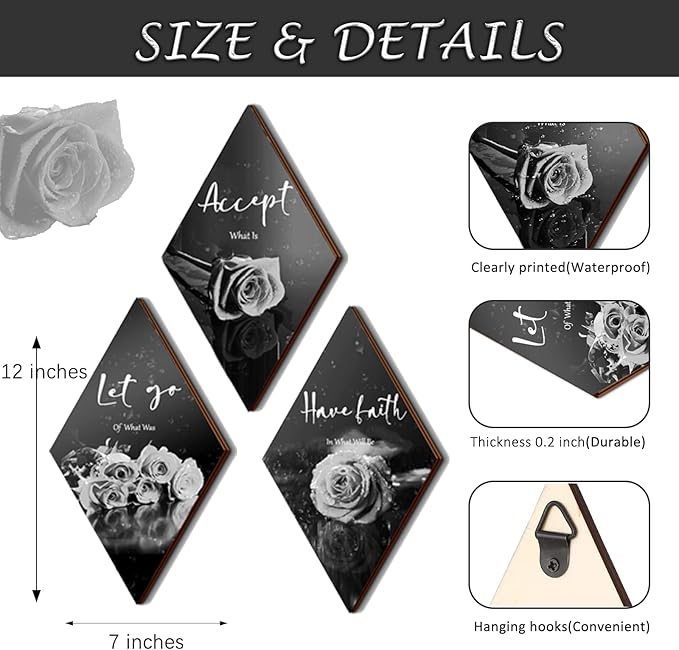 ZINYAZHE 3 Pcs Black White Rose Bathroom Wall Decor Black And White Decor Flower Wooden Inspirational Wall Art with Accept Let Go Have Faith Grey Sign for Living Room Bedroom(White Rose 12 x 7")