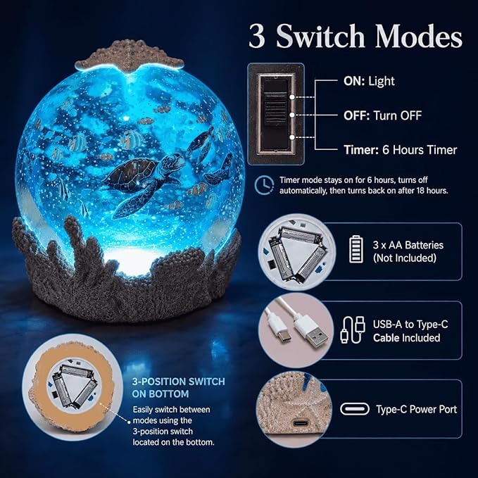 Starfish Night Light Ocean Decoration with 6H Timer, USB & Battery Powered, Rotating Ocean Scene Star Fish Snow Globe with Sea Turtle and Fish for Kids Adults Bedroom Living Room Decor (Starfish)
