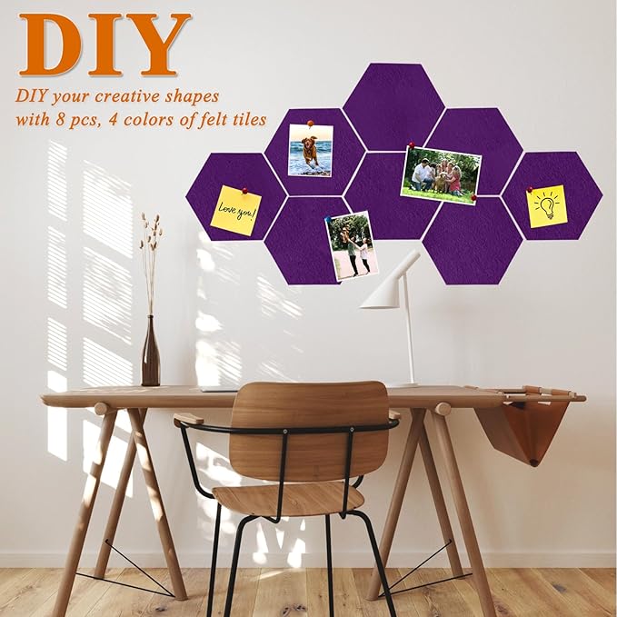 8 Pcs Hexagon Felt Cork Bulletin Board Tiles, Self Adhesive DIY Bulletin Board Pin Board for Office School Home Wall Decor Memos Photos Display(Purple)