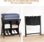 aboxoo Luggage Rack with storage, Guest Room Folding Suitcase Stands, Holds up to 120 lb, Space Saving Suitcase Holders for guest room, Bedroom Hotel, Black