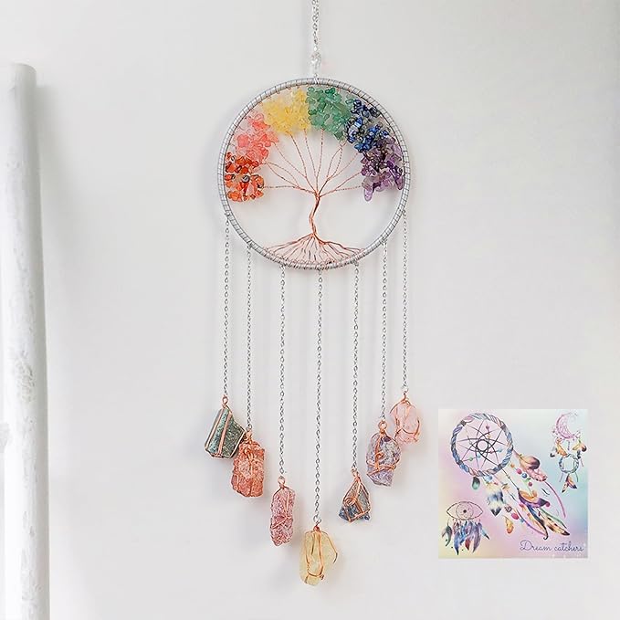 Tree of Life Dream Catchers with Crystal 7 Chakra Gemstone Dream Catchers Color Natural Gem Raw Stone Wall Hangings Room Garden Dreamcatchers Decor(Silver)