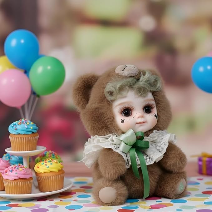 8 Inch Hand-Painted Porcelain Face Doll with Plush ＆ Acrylic Cotton Body, Mini Kawaii High-Color Makeup Ceramic Doll for Room Decor, Birthday Gifts, Collectible ，Name Kira (Brown)