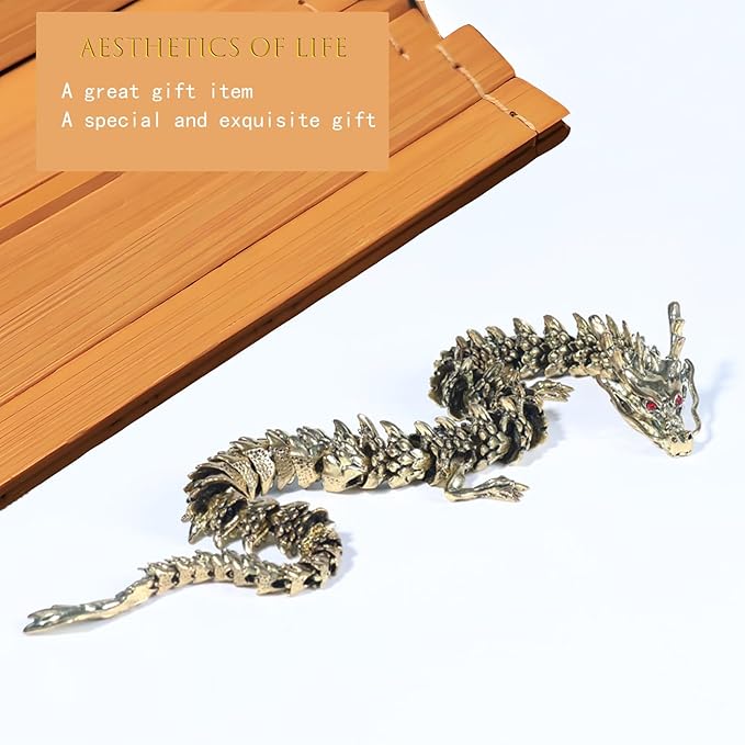 LIYAOLI Metal Large 3D Printed Articulated Chinese Dragon Figurine Statue Bookshelf Decor 15 Inch Copper Flexible Joints Luck Dragon for Home Office Desk Decoration