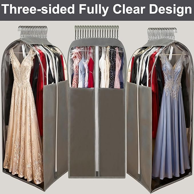 15" Gusseted Long Dress Bags for Gowns,60" Clear Garment Bags for Hanging Clothes, Completely Sealed Storage Covers and Dust-proof Protector with Full Heavy-duty Side Zipper for Travel, 4-Pack