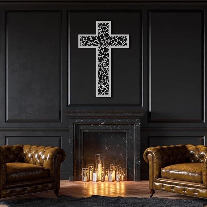 WORGO White Metal Cross Wall Decor Iron Christian Cross for Home Church, Hollow Out Artistic Hanging Ornament, Crosses Wall Decor for Living Room, Bedroom, Decorative Thankful Religious Gift 35.4x23.5 inch