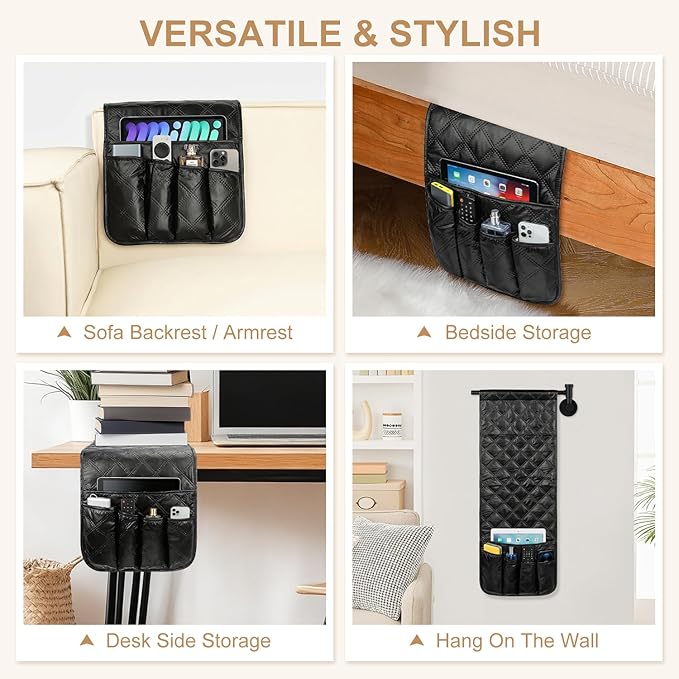 Remote Control Holder for Armchair, Couch Recliner Chair Caddy, Non-Slip Arm Chair Caddy for Recliner with 5 Pockets for Table, Ipad, Magazines, Arm Chair Bedside Caddy Storage Organizer (Black)