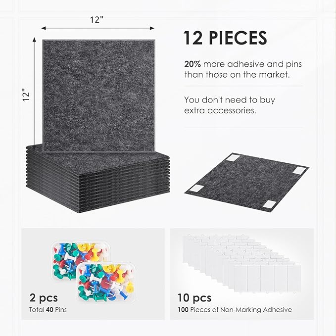 Large Cork Board for Walls 48"x36" |Cork Board Alternative| 12 Pack Felt Wall Tiles| Dark Gray Bulletin Board with Removable Adhesive | Cork Boards Pinboard for Office Home Classroom，Dark Gray
