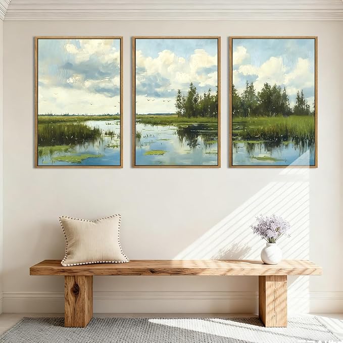 BINCUE Framed Green Nature Wall Art Lake Scenery Wall Decor Landscape Art Print Green Nature Landscape Artwork Green Plants Wall Pictures for Living Room Bedroom Office Farmhouse 16 x24 Inches Set of 3 Gift